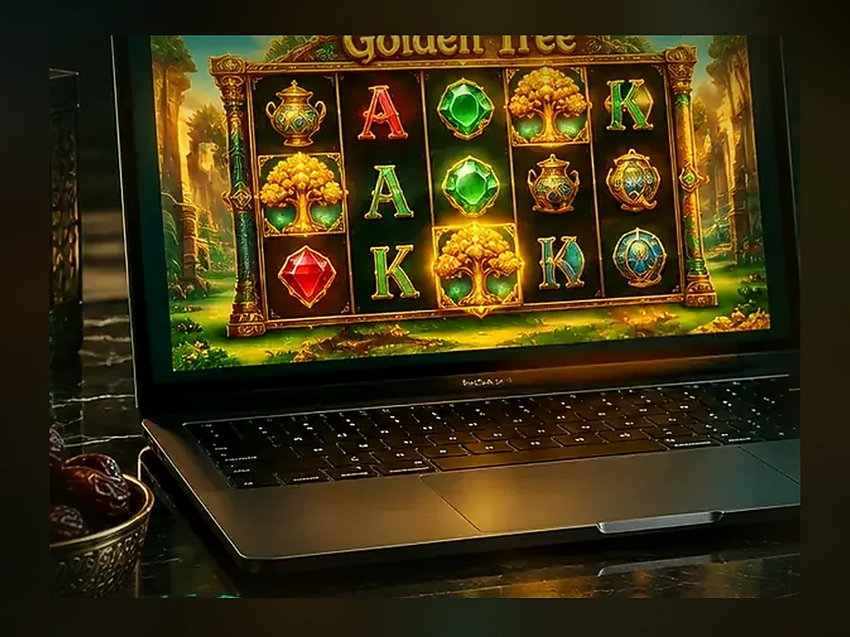 Golden Tree slot playing session on a laptop