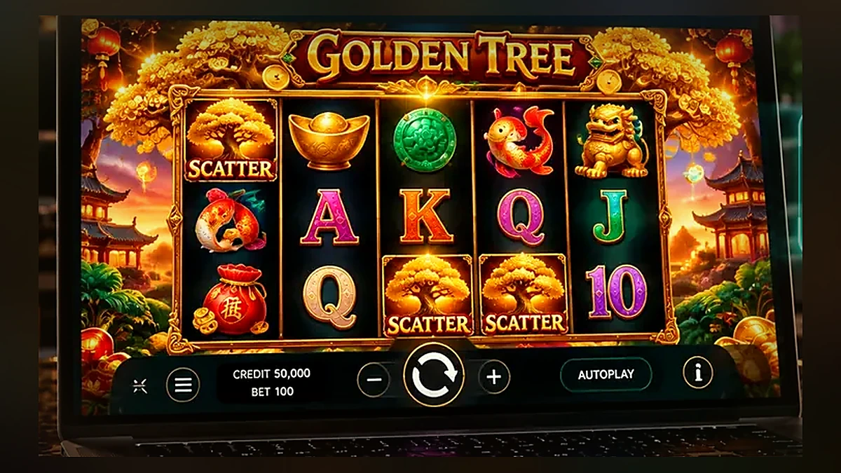 Golden Tree free demo slot gameplay on a laptop