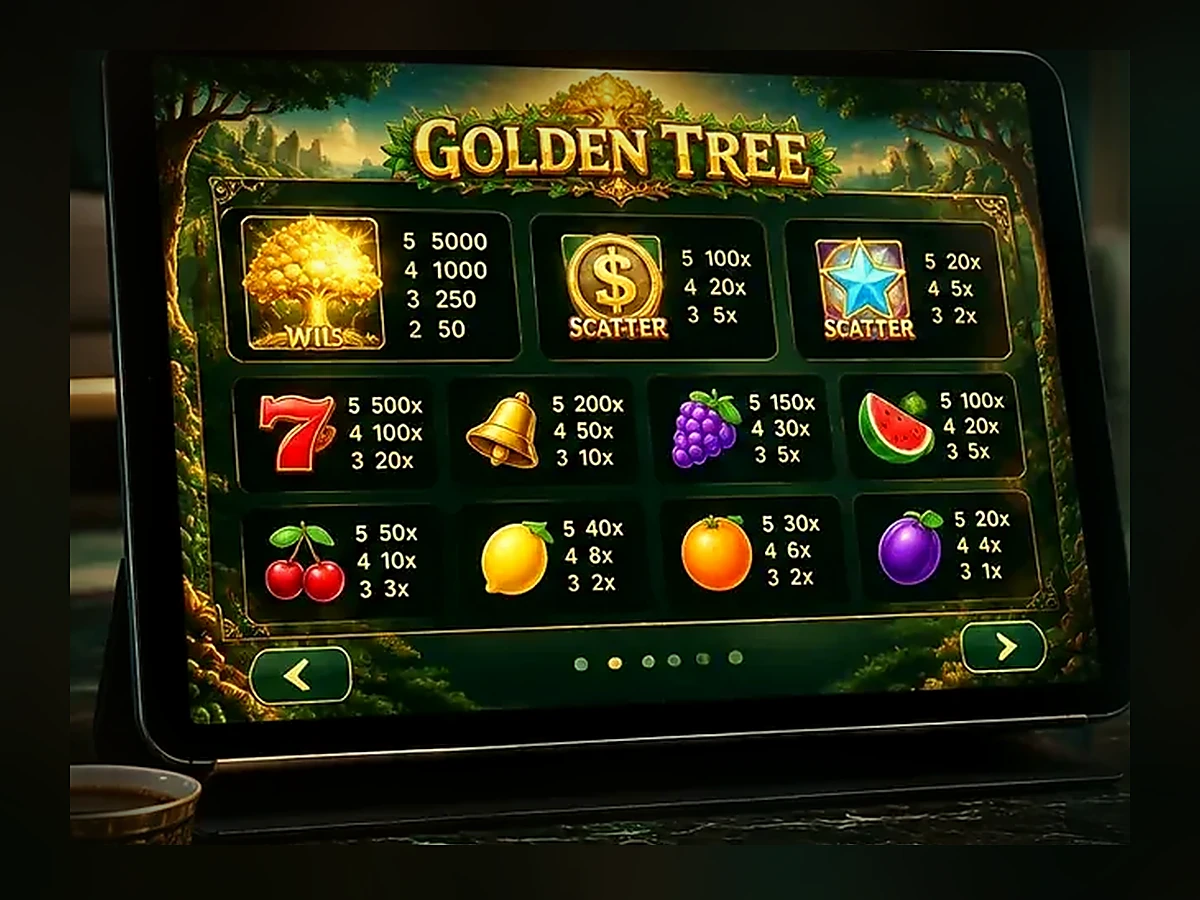 Golden Tree fruit symbols and expanding wilds in the slot game
