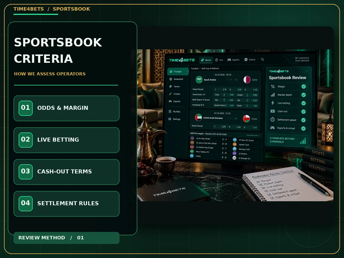 Sportsbook comparison criteria including odds margin live markets cash-out and settlement