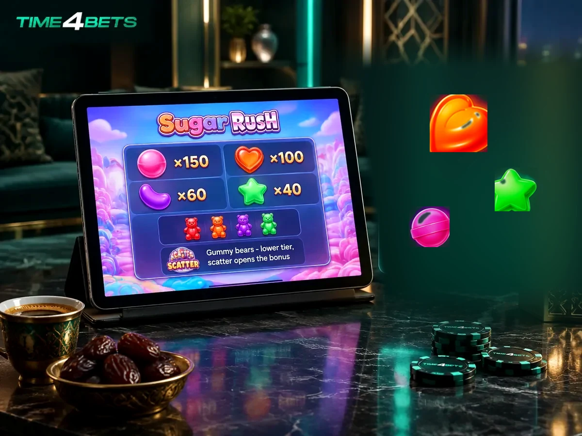 Sugar Rush candy symbols and game paytable on a casino tablet