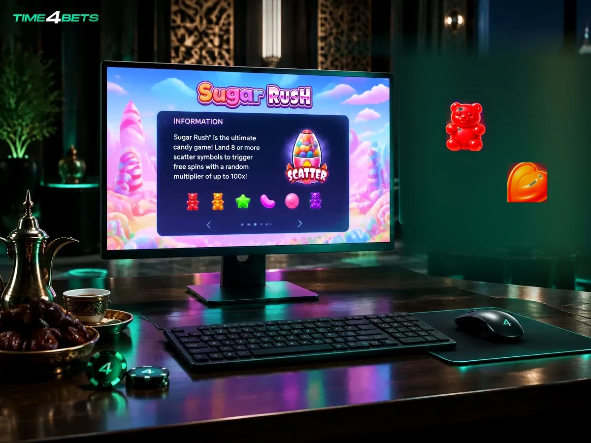 Sugar Rush slot information and settings on a desktop display