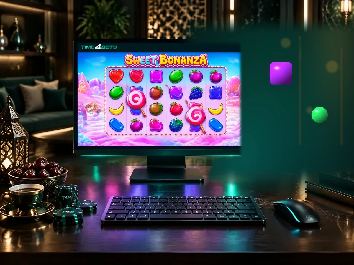 Sweet Bonanza game information and RTP shown on a computer monitor