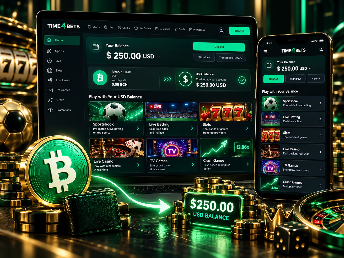 Time4Bets BCH to USD Casino Sports Balance