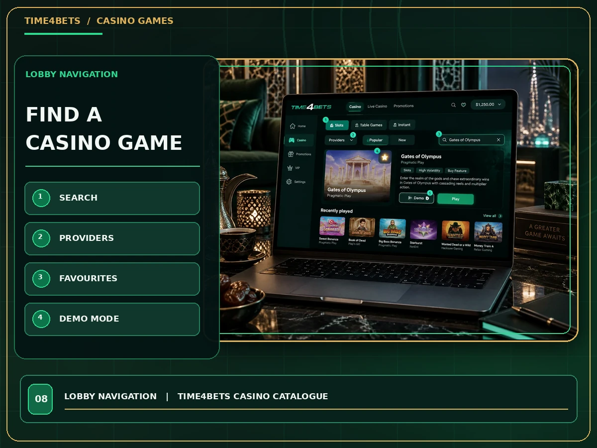 Casino game search filters favourites and provider selection in Time4Bets