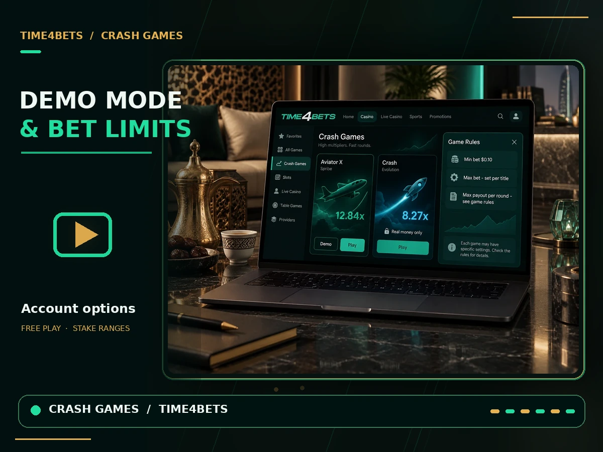 Time4Bets crash game demo mode and betting limits
