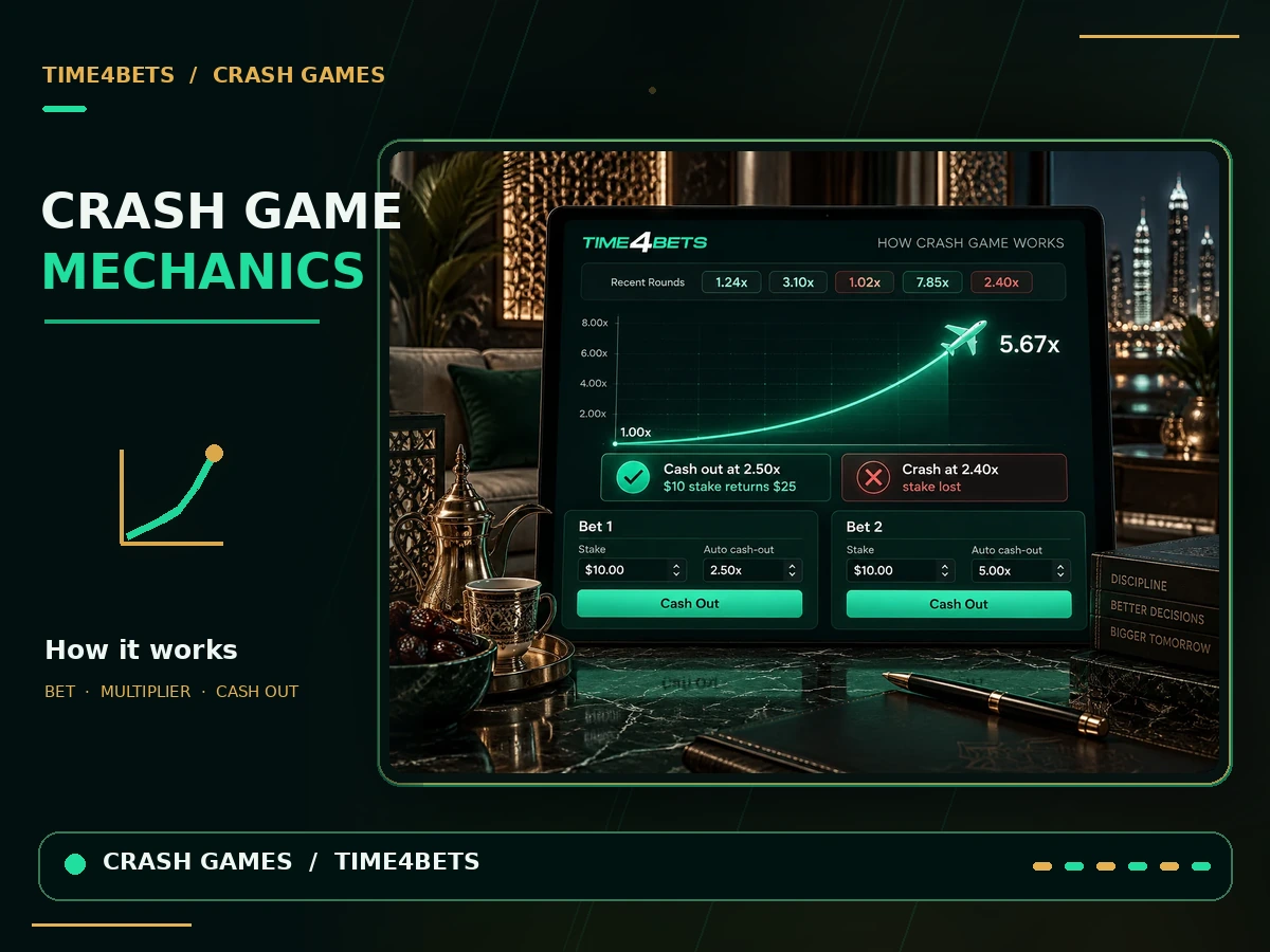 Time4Bets crash game multiplier and cash-out process