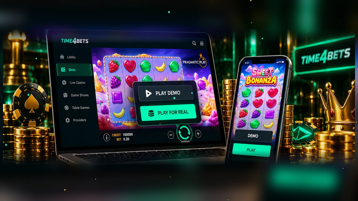 Time4Bets slot screen with demo and real money play modes