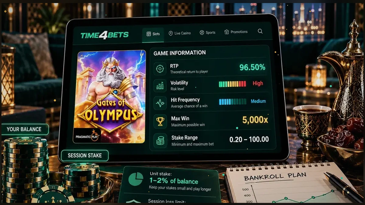 Slot demo information screen with RTP volatility and betting interface