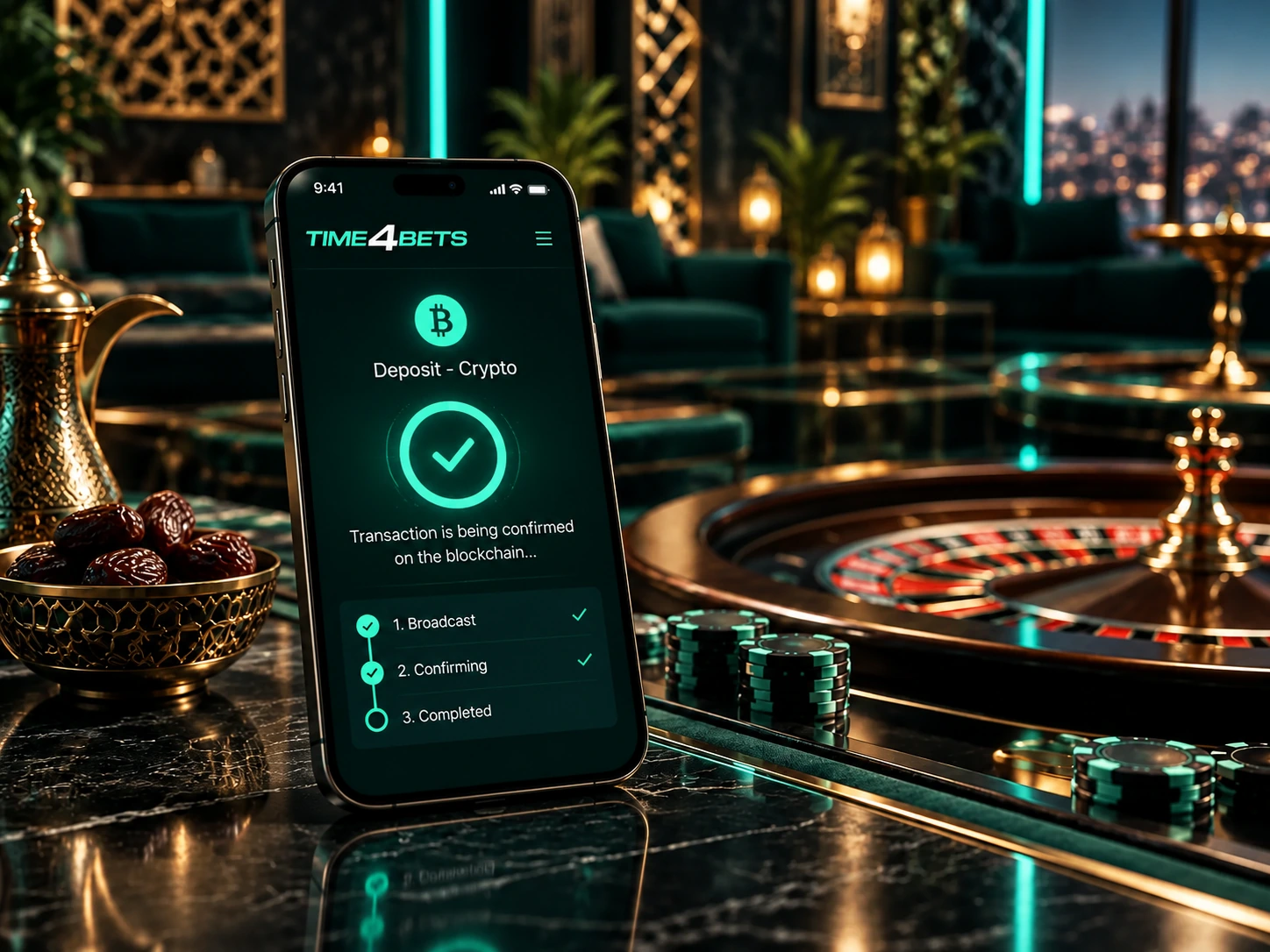 Crypto deposit confirmation status on a Time4Bets mobile screen