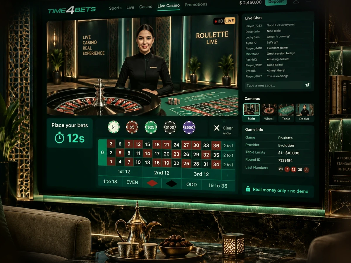 Time4Bets live casino dealer table with real-time roulette