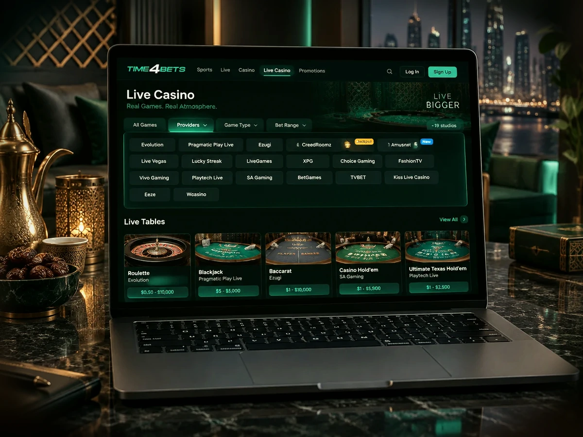 Time4Bets live casino studio providers on laptop