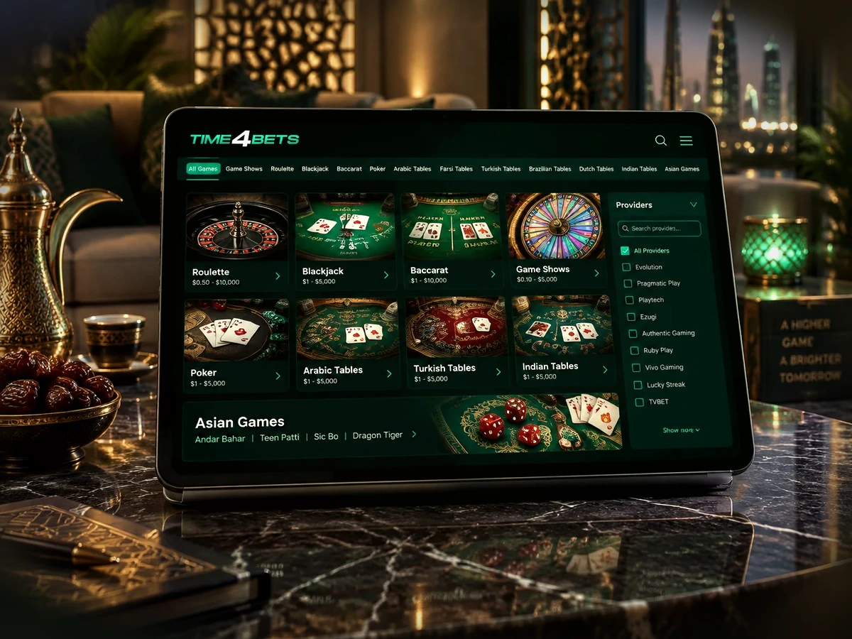 Time4Bets live casino table categories on tablet