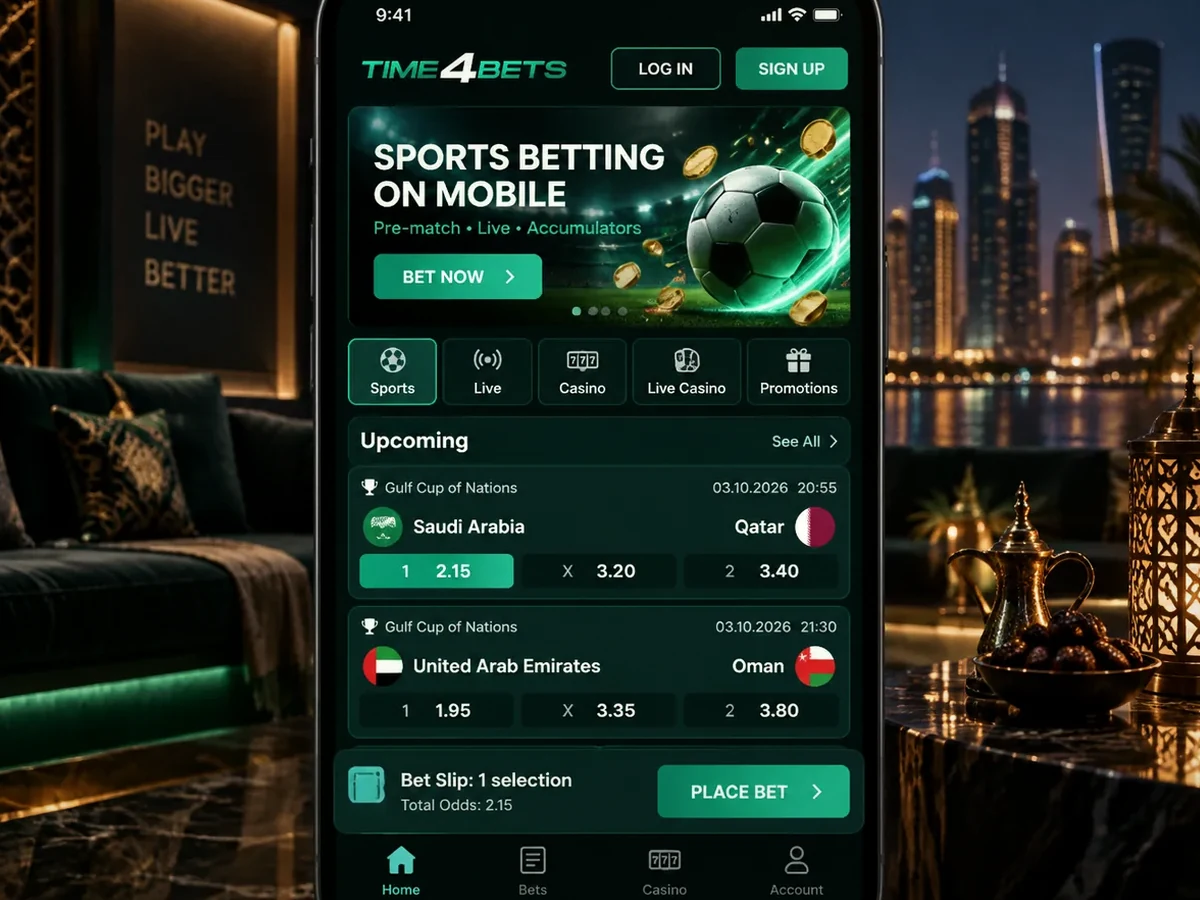 Time4Bets mobile sportsbook showing match odds and account navigation
