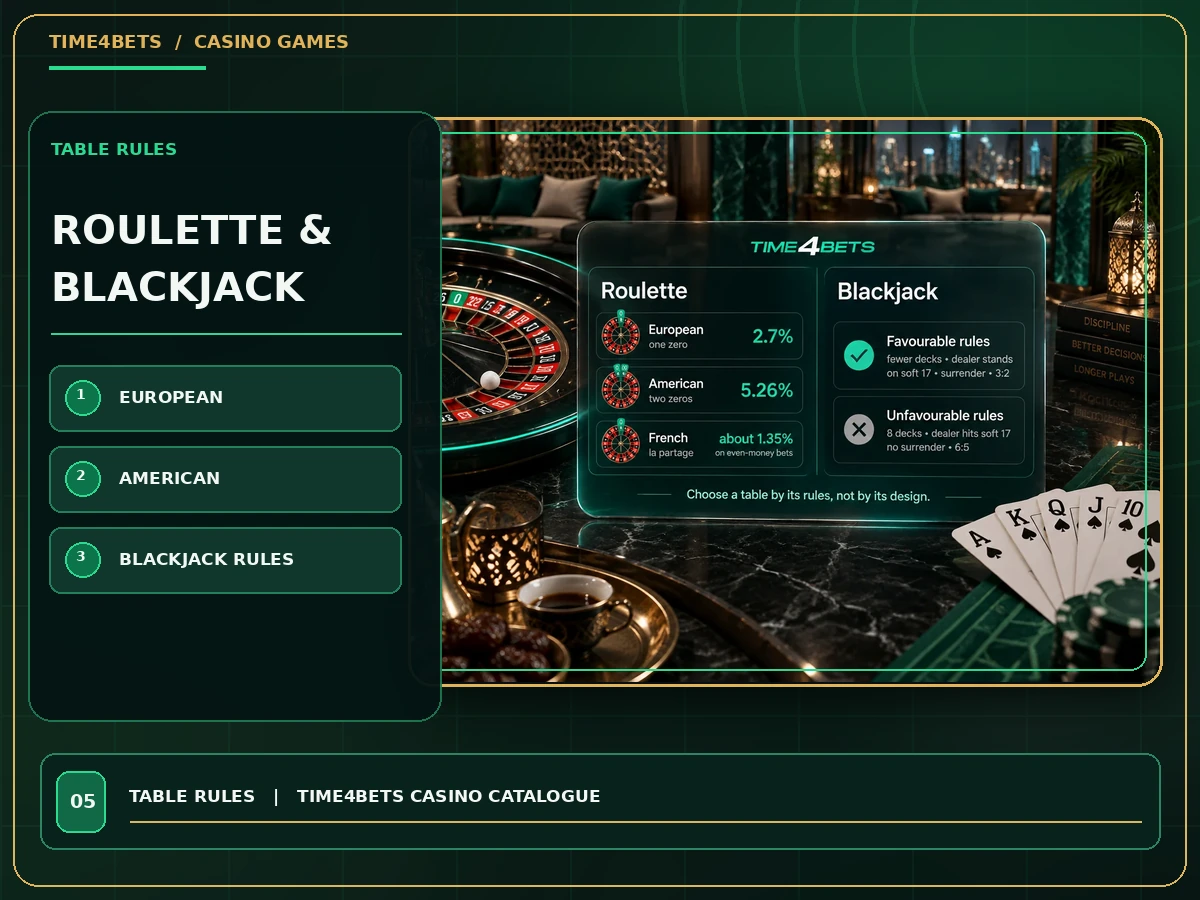 Roulette and blackjack game variants with rules and house edge