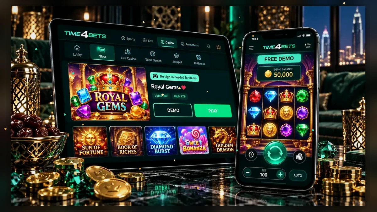 Time4Bets demo casino lobby displayed on laptop and phone
