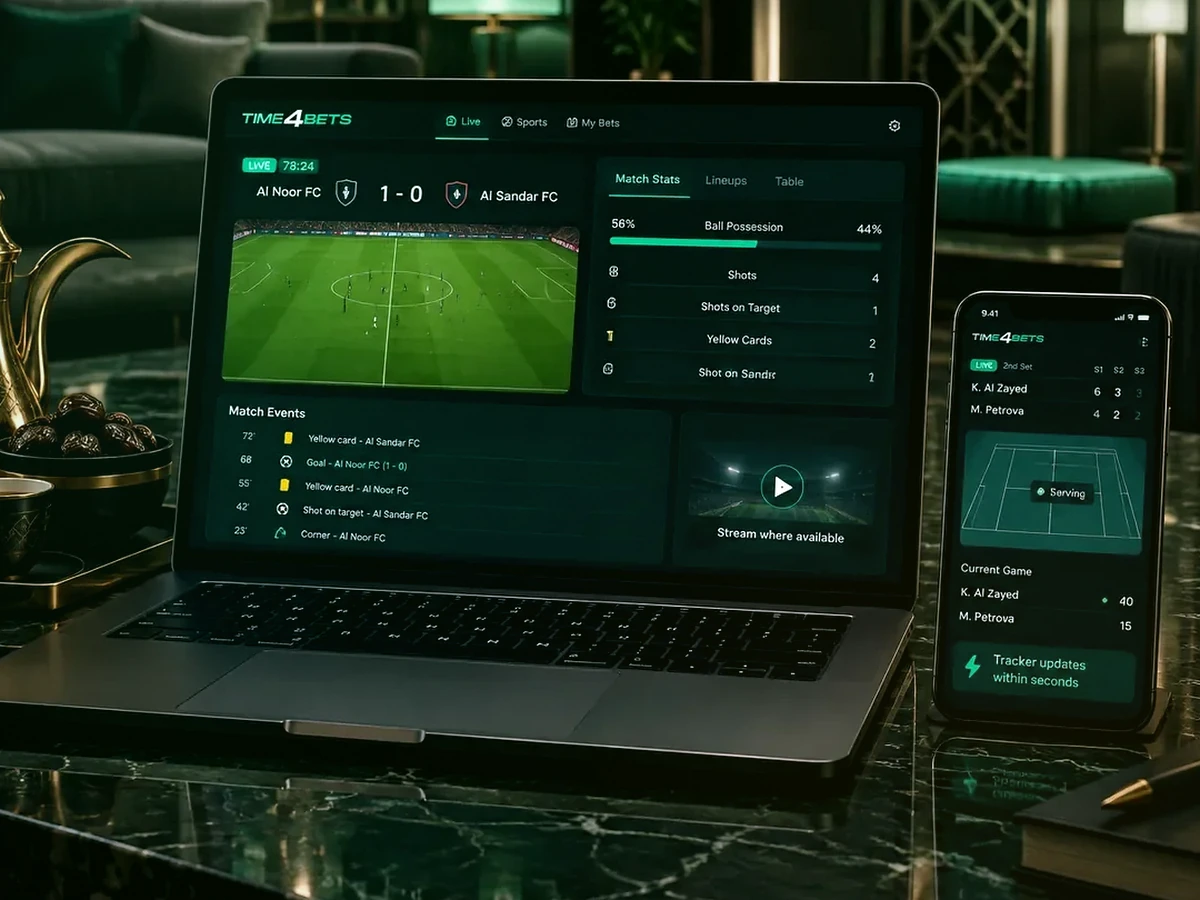 Time4Bets match statistics and live score tracking on laptop