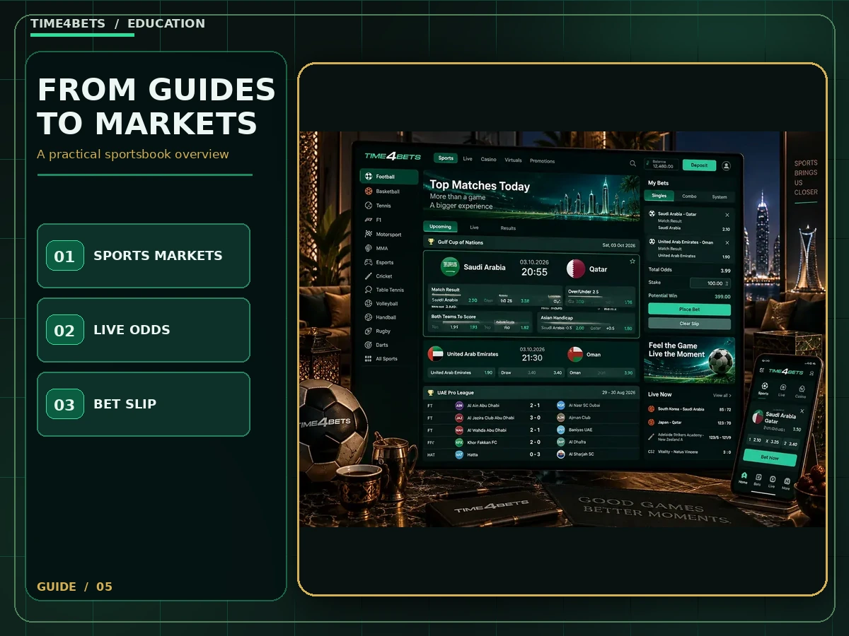Time4Bets sportsbook markets live odds and betting slip interface