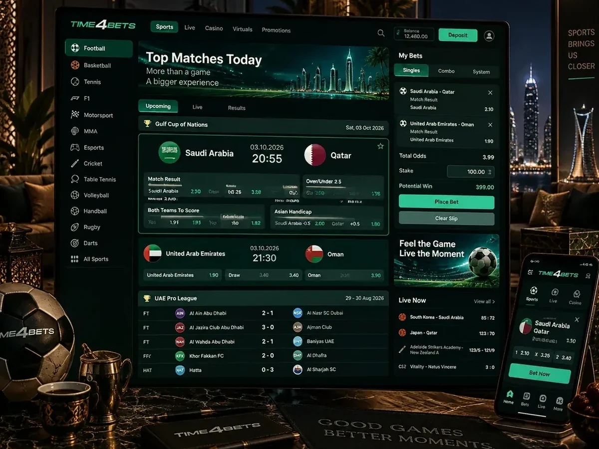 Time4Bets sportsbook navigation with sports markets and selections