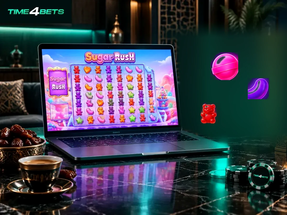 Sugar Rush 7x7 slot grid on the Time4Bets casino screen
