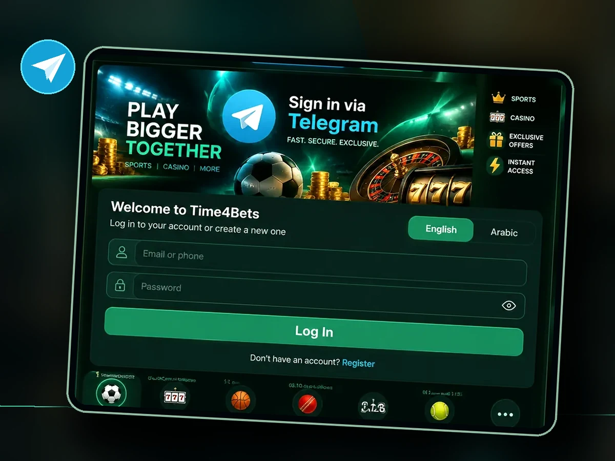 Time4Bets Telegram account login and language selection