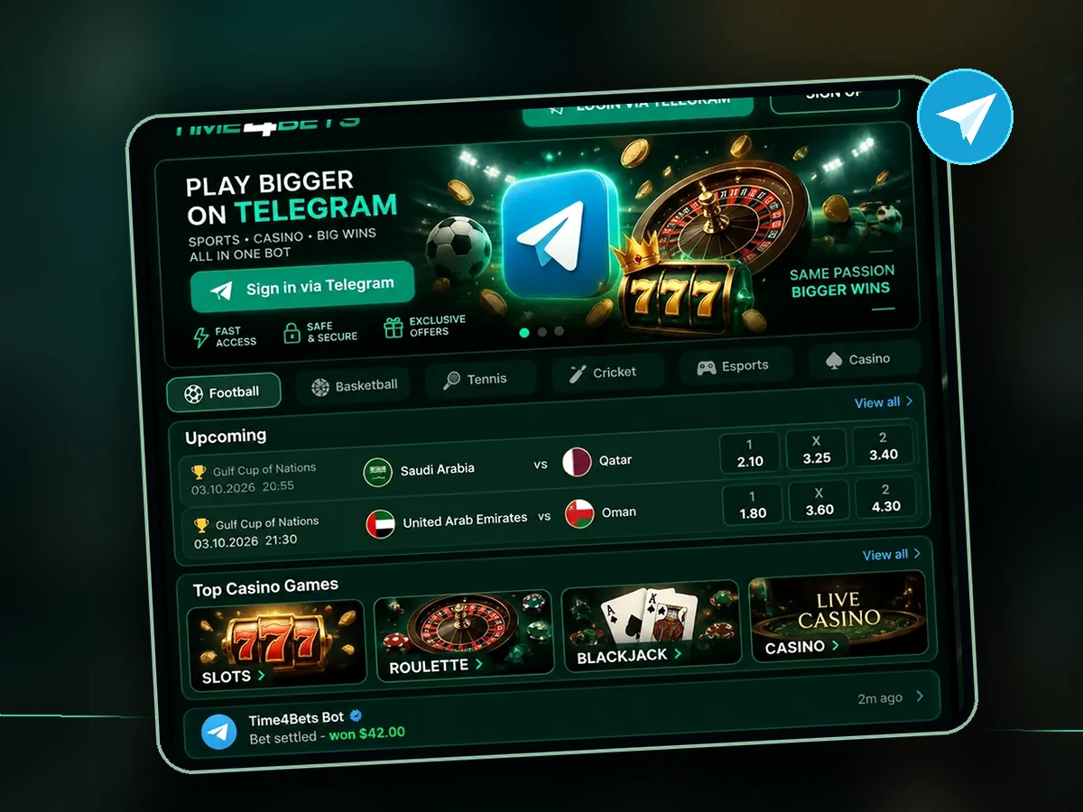 Time4Bets sportsbook and casino categories available through Telegram