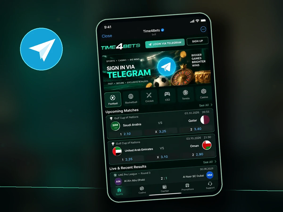 Time4Bets sportsbook and casino interface inside a Telegram Web App