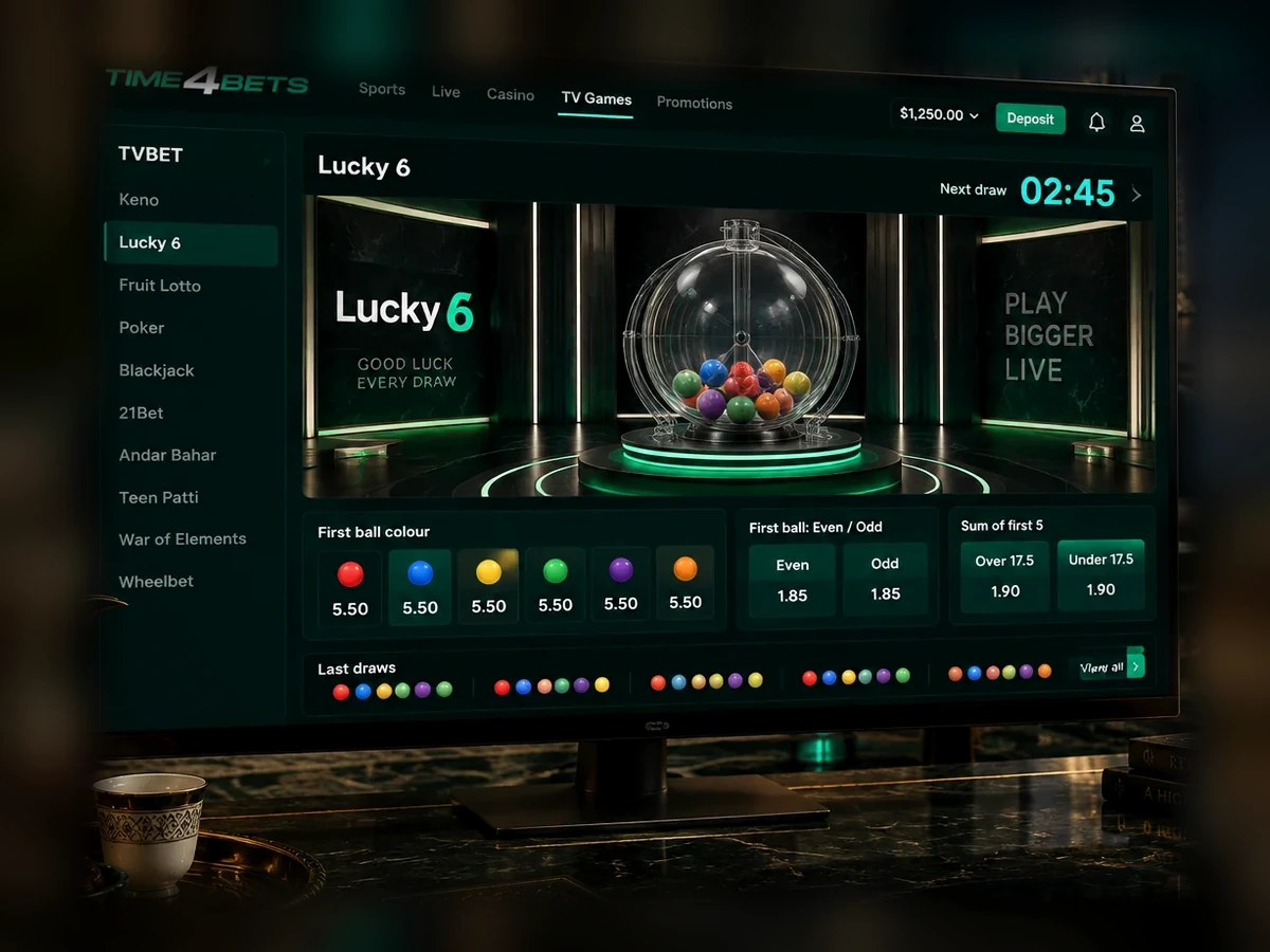 TVBET Lucky 6 studio lottery game displayed on Time4Bets