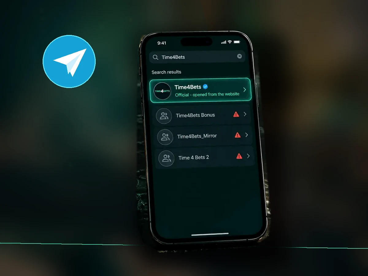 Time4Bets Telegram bot search interface displayed on a smartphone